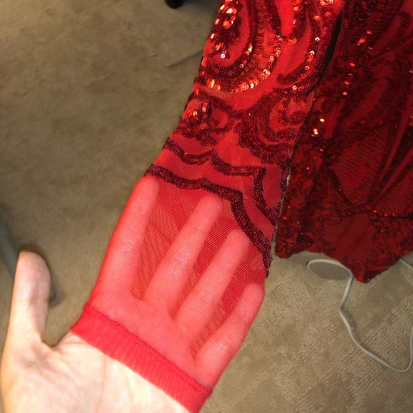 Red mesh sequin long sleeve past knee dress - Picture 5 of 9